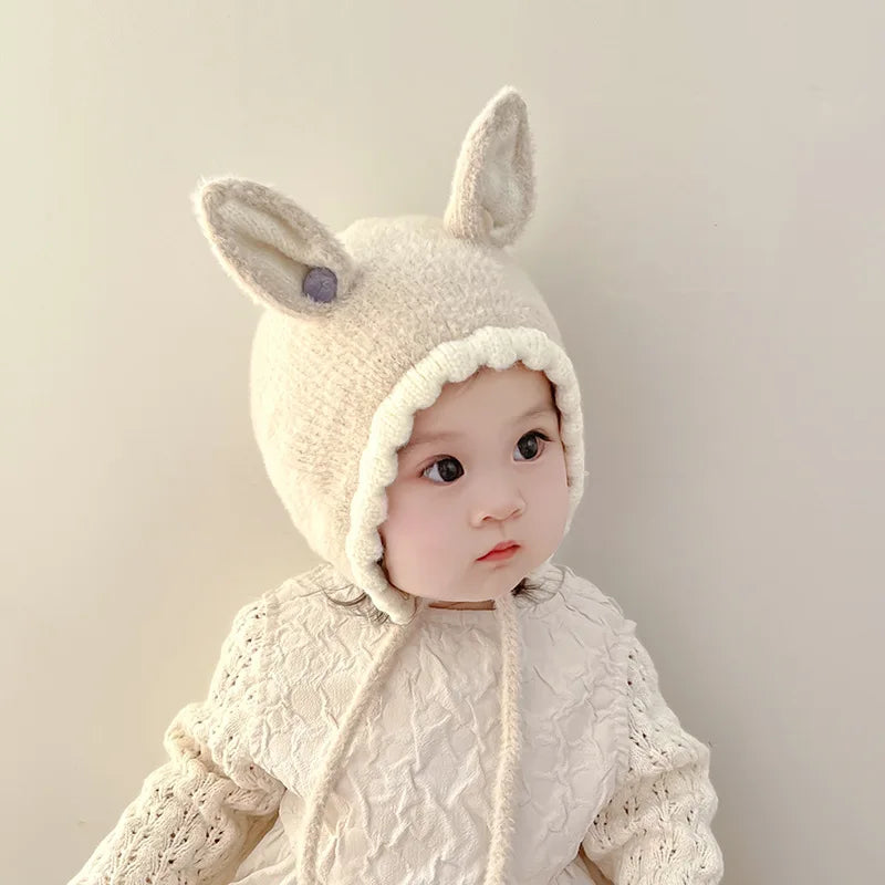 Bonnet tricoté chaud avec oreilles de lapin pour bébé
