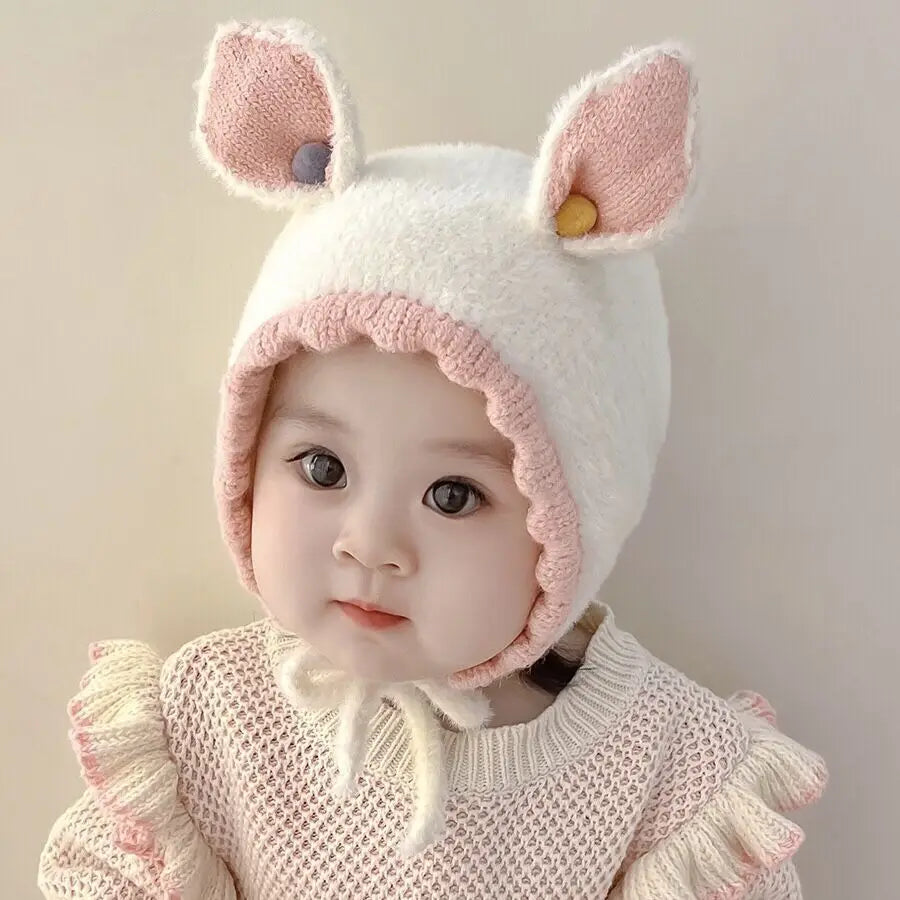 Bonnet tricoté chaud avec oreilles de lapin pour bébé