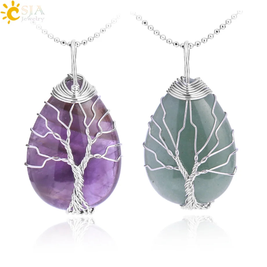 Pendentif arbre de vie en œil de tigre et quartz