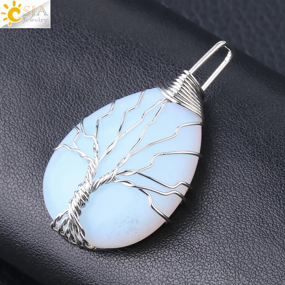 Pendentif arbre de vie en œil de tigre et quartz