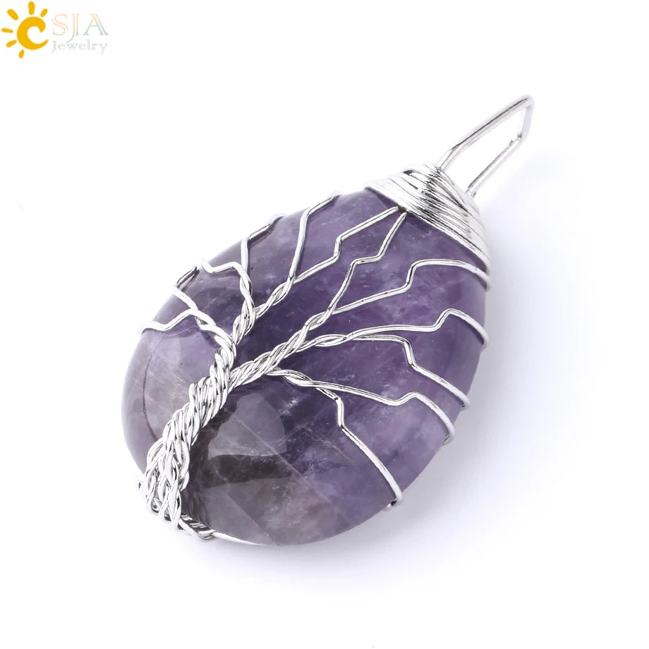 Pendentif arbre de vie en œil de tigre et quartz