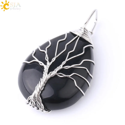 Pendentif arbre de vie en œil de tigre et quartz