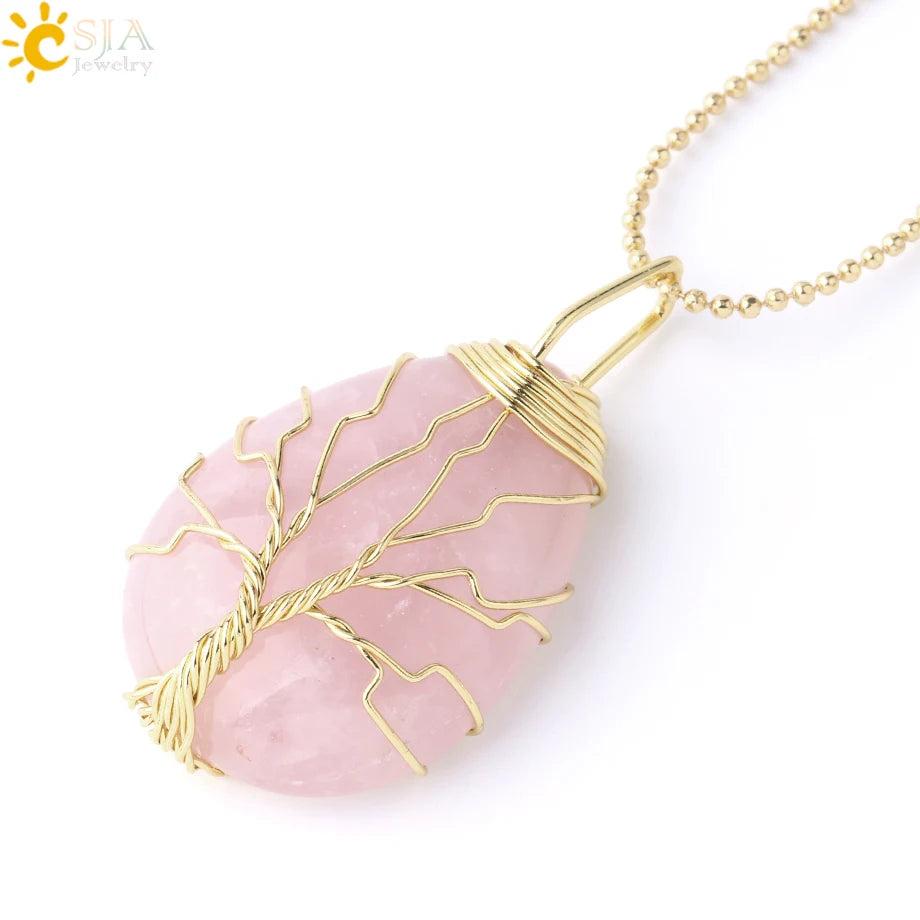 Pendentif arbre de vie en œil de tigre et quartz