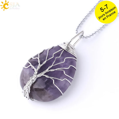 Pendentif arbre de vie en œil de tigre et quartz