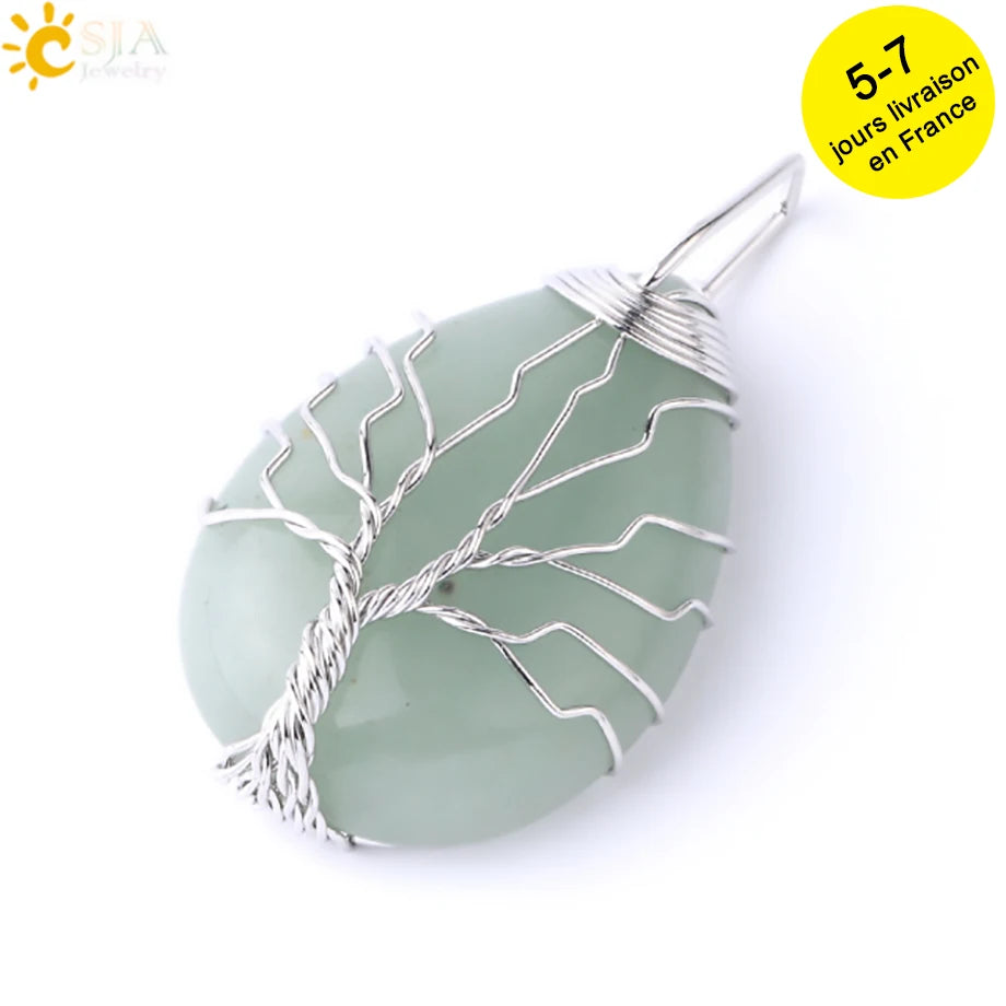 Pendentif arbre de vie en œil de tigre et quartz