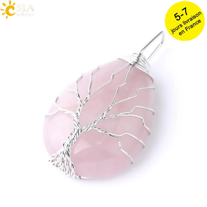 Pendentif arbre de vie en œil de tigre et quartz