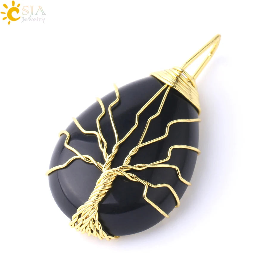 Pendentif arbre de vie en œil de tigre et quartz