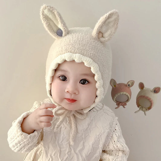 Bonnet tricoté chaud avec oreilles de lapin pour bébé