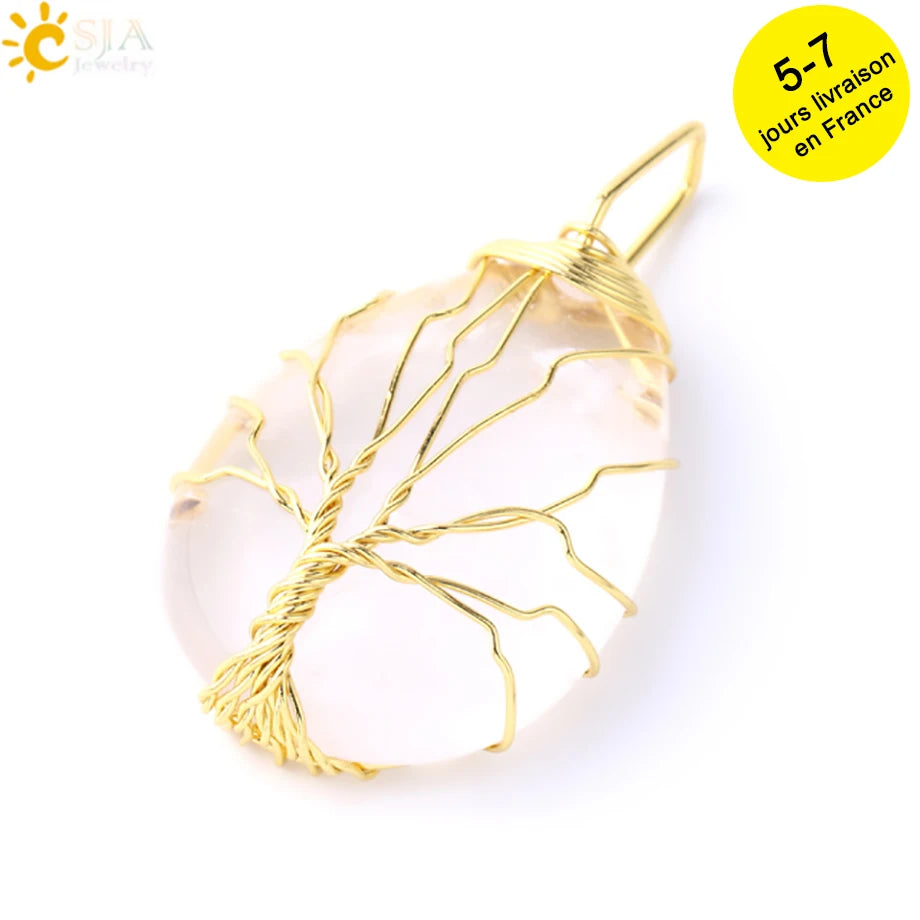 Pendentif arbre de vie en œil de tigre et quartz