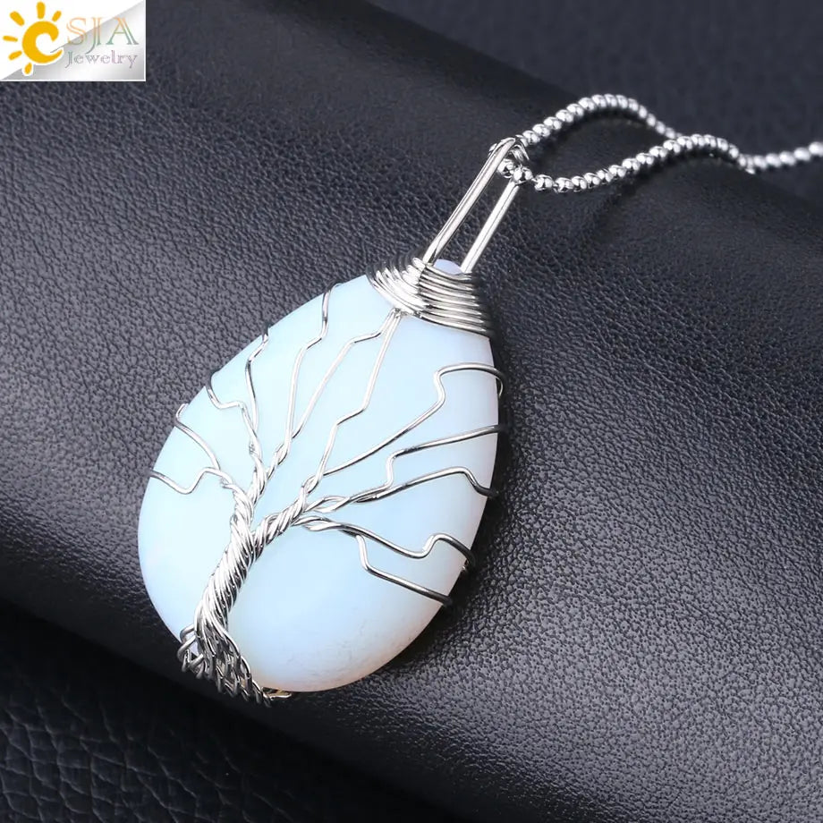 Pendentif arbre de vie en œil de tigre et quartz