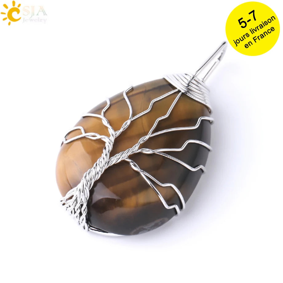 Pendentif arbre de vie en œil de tigre et quartz