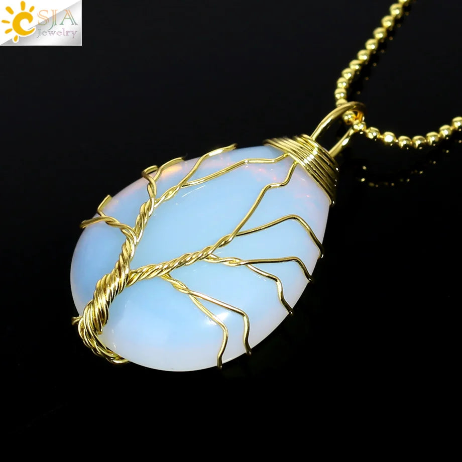 Pendentif arbre de vie en œil de tigre et quartz