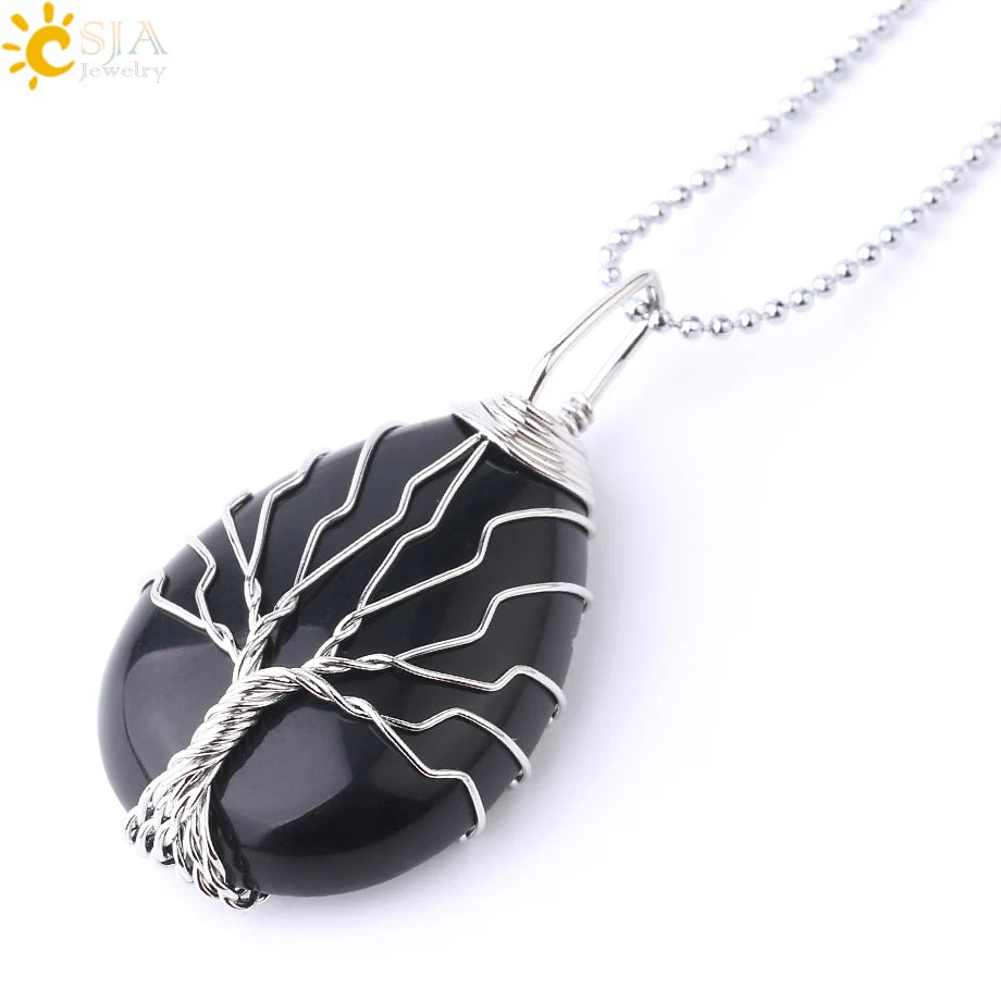 Pendentif arbre de vie en œil de tigre et quartz