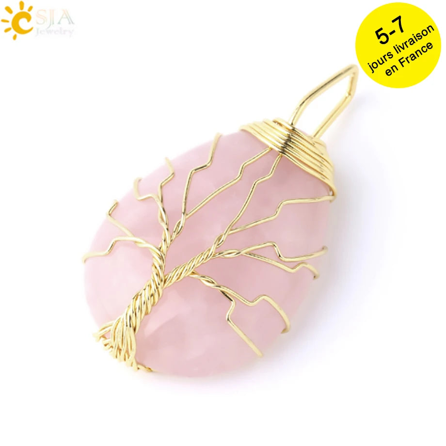 Pendentif arbre de vie en œil de tigre et quartz