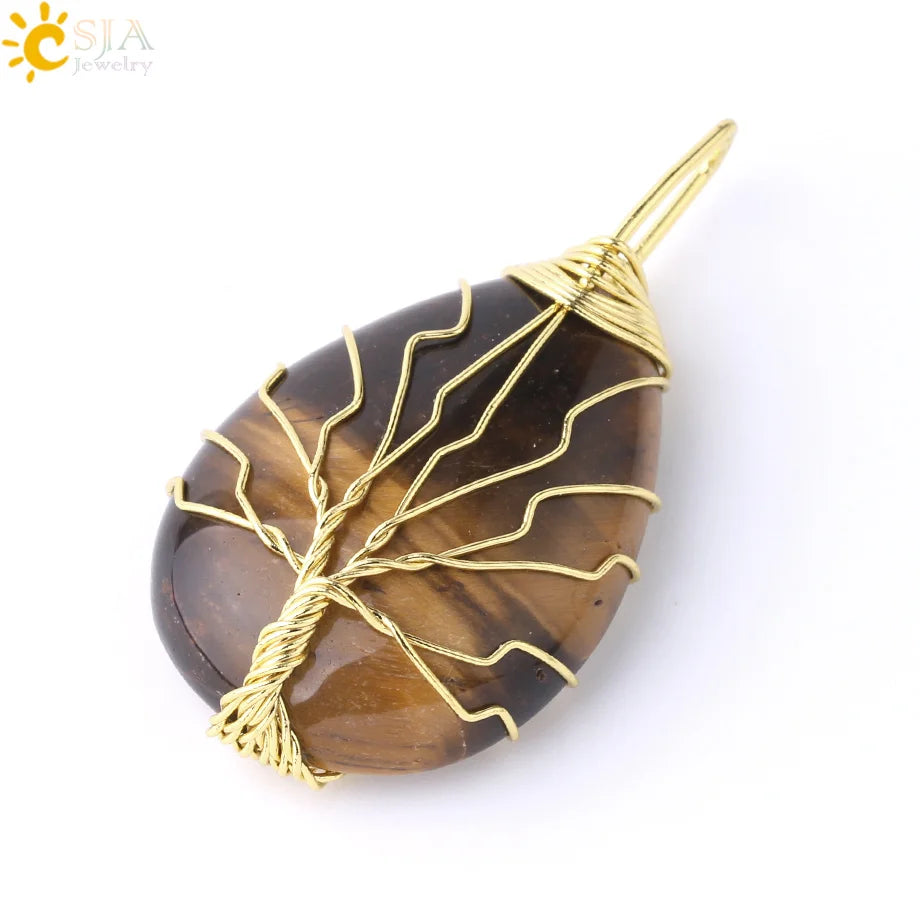 Pendentif arbre de vie en œil de tigre et quartz