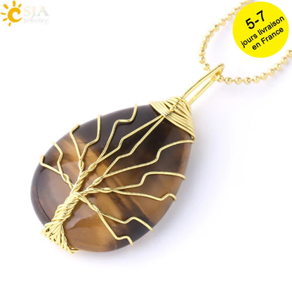 Pendentif arbre de vie en œil de tigre et quartz