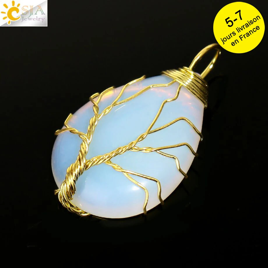 Pendentif arbre de vie en œil de tigre et quartz