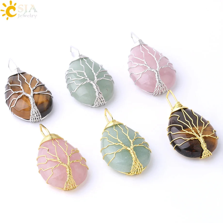 Pendentif arbre de vie en œil de tigre et quartz