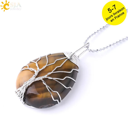 Pendentif arbre de vie en œil de tigre et quartz