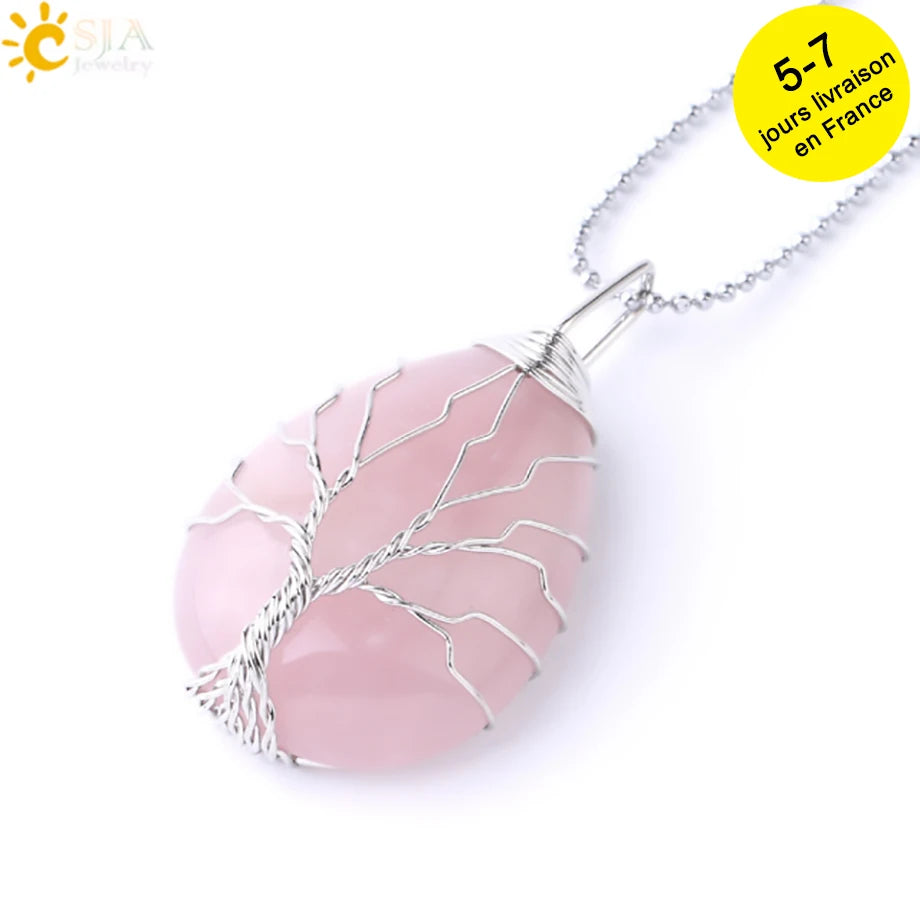 Pendentif arbre de vie en œil de tigre et quartz