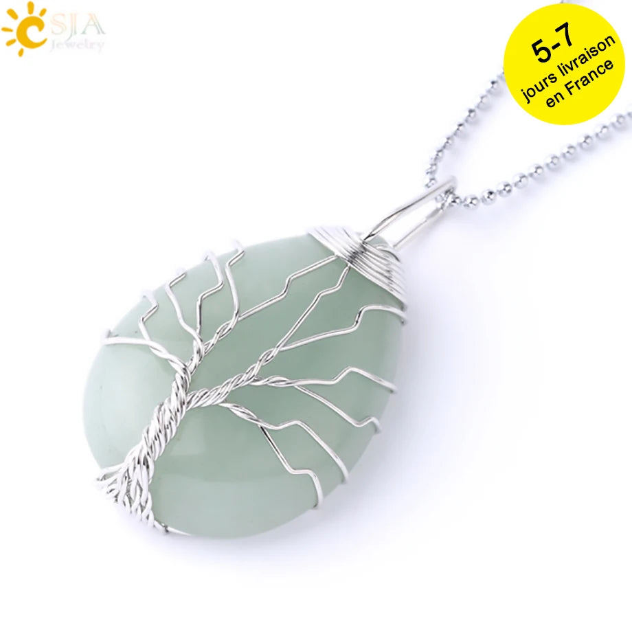 Pendentif arbre de vie en œil de tigre et quartz