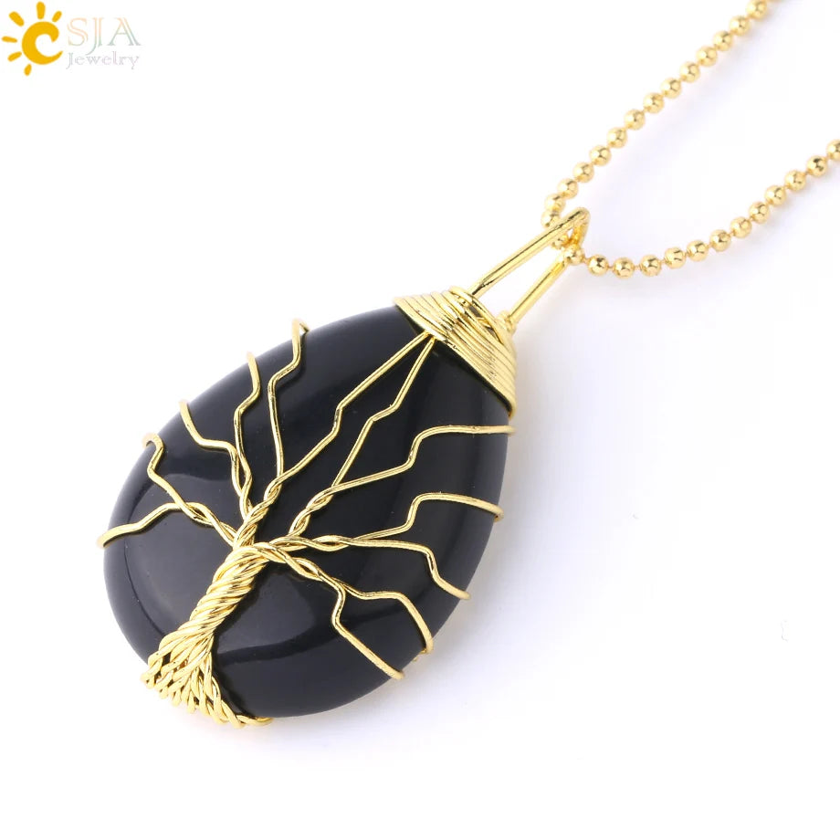 Pendentif arbre de vie en œil de tigre et quartz